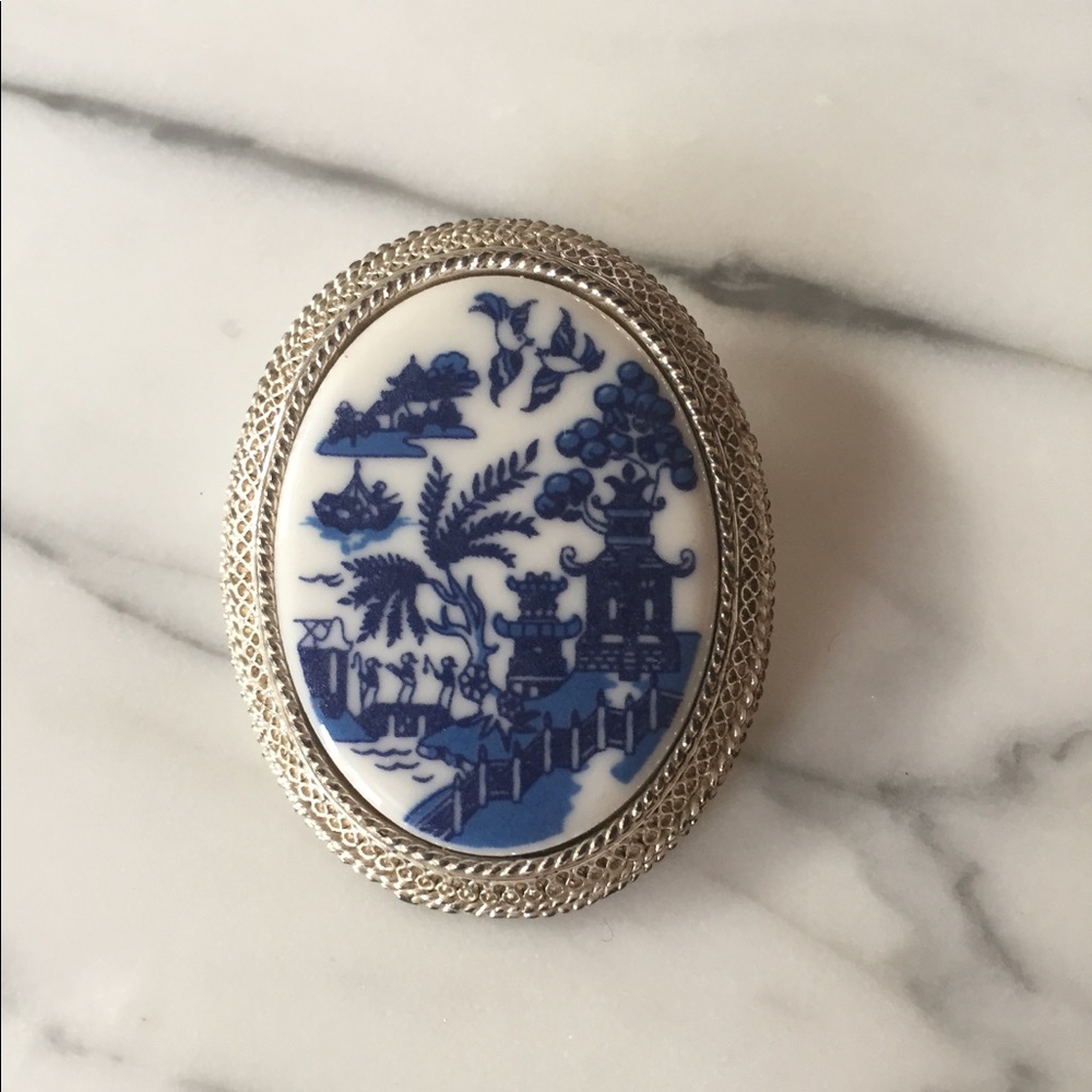 Porcelain White and Blue Asian Brooch